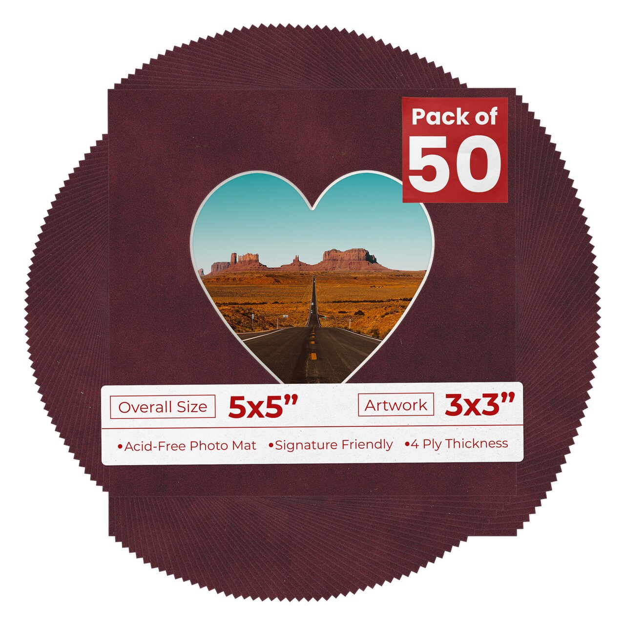 Dark Red Suede Mat Board for 5x5 Inch Frames - Heart Opening for 3x3 Photos